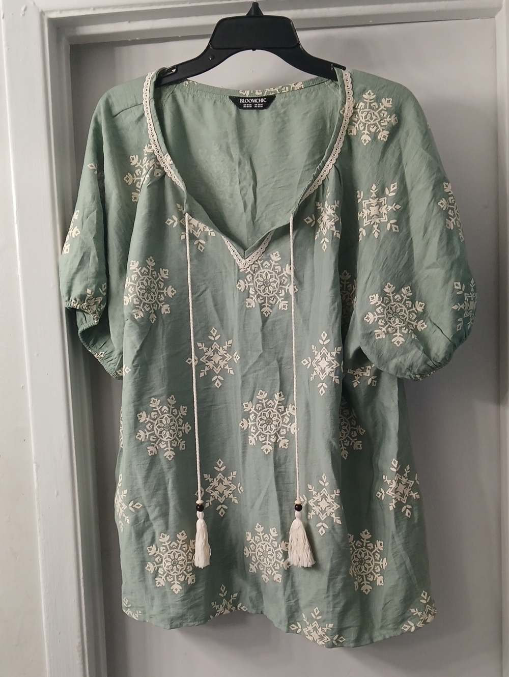 BloomChic Sage Green Embroidered Tassel Peasant Tunic